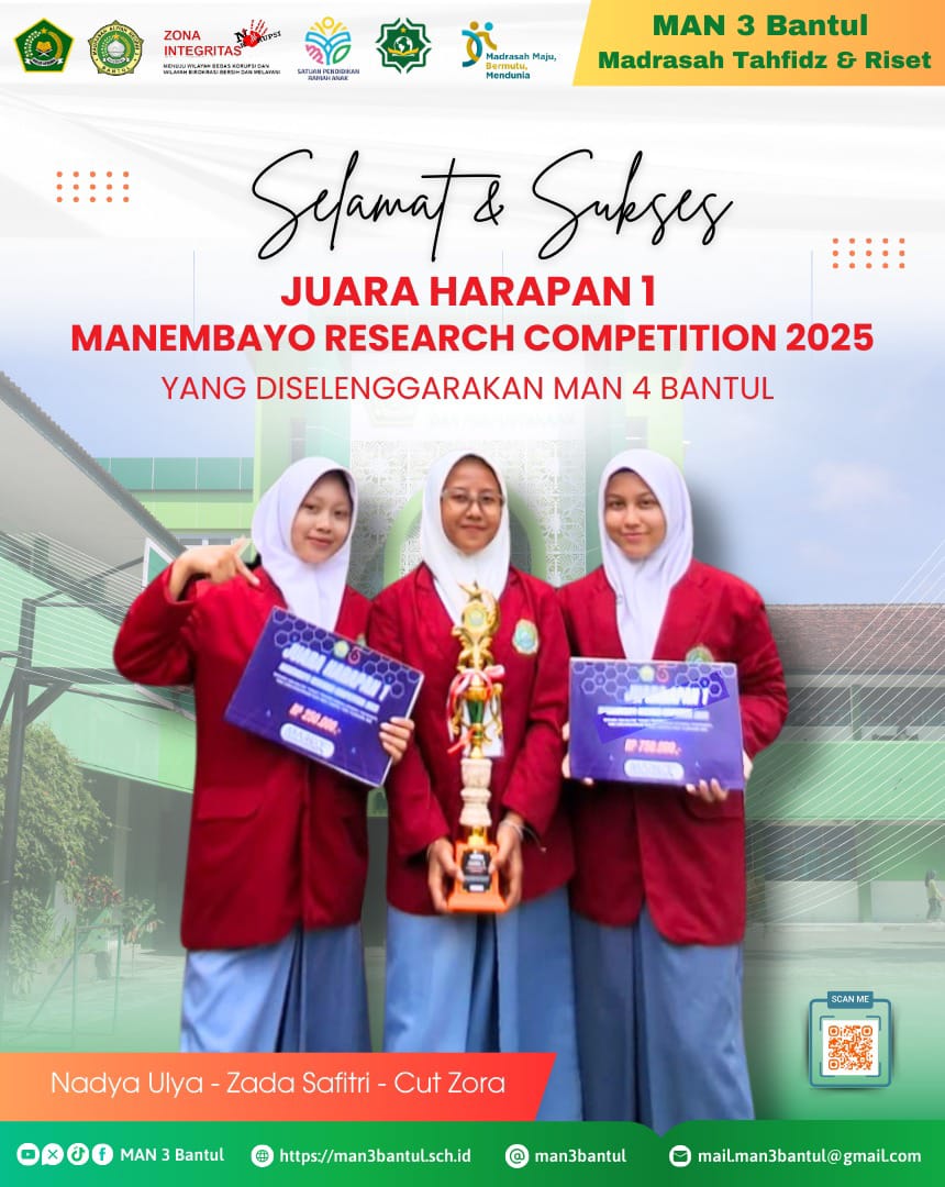 Tim 2 Excellent Researcher Club (ERC) MAN 3 Bantul Raih Juara Harapan 1 Manembayo Research Competition (MARCO)
