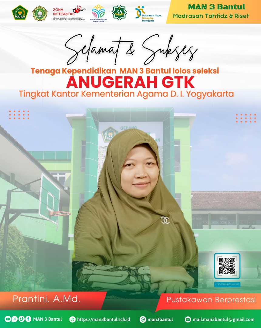 Prantini, A.Md., Tenaga Kependidikan MAN 3 Bantul lolos seleksi Anugerah GTK tingkat Kantor Wilayah Kementerian Agama Daerah Istimewa Yogyakarta
